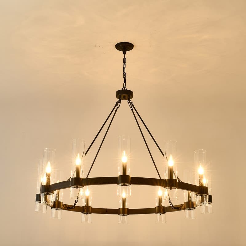 Black Wagon Wheel Chandelier with Glass Shades Adjustable Farmhouse Pendant Light for High Ceilings - 43.3in