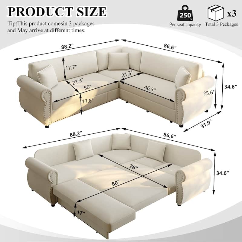 Homy Casa L-Shaped Sectional Sofa w/ Pull-Out Bed, Chenille Sleeper Couch w/ Nailhead Trim & Rolled Arm, Oversize