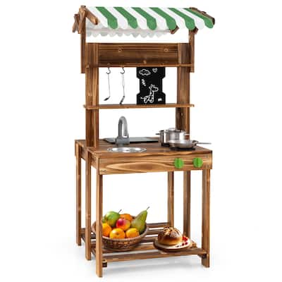 Double-Sided Mud Kitchen with Canopy and Chalkboard for 3+ Years Old-Natural - Multi