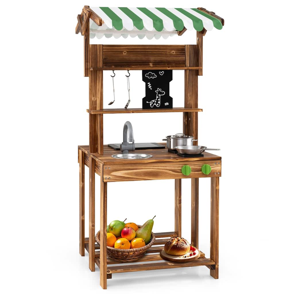 Double-Sided Mud Kitchen with Canopy and Chalkboard for 3+ Years Old-Natural - Multi