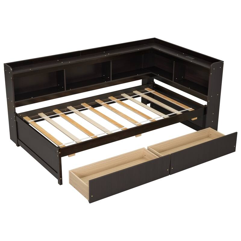 Twin Size L-shaped Bookcases Bed with Power Outlets