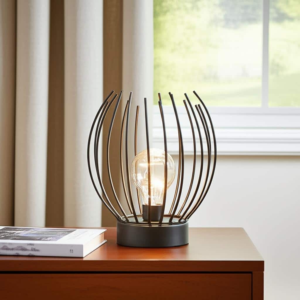 HomeRoots 7" Black Battery Operated Round Bedside Lamp With Metal Cage Globe Shade - 6.00 in. x 7.00 in. x 6.00 in.