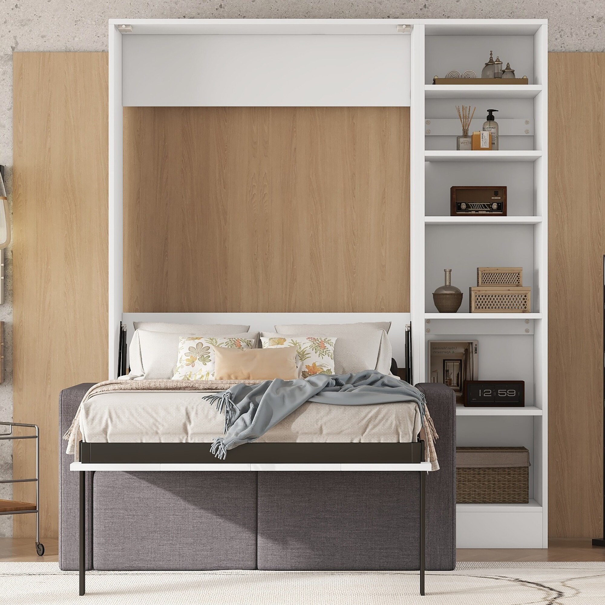All in one Foldable Wall Bed White Bed Frame Twin Size Storage Bed Guest Bed Murphy Bed with Gray Loveseat and Cabinet Shelf