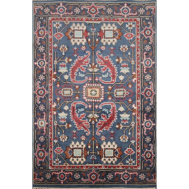 Blue Geometric Oushak Indian Area Rug Handmade Wool Carpet - 3'11"x 5'10"