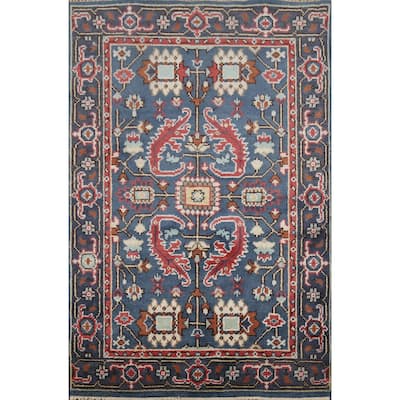 Blue Geometric Oushak Indian Area Rug Handmade Wool Carpet - 3'11"x 5'10"