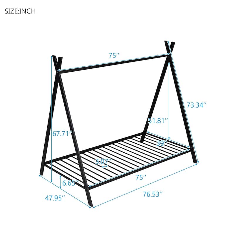 White Metal Twin House Bed Tent Frame with Slat, No Box Spring Needed