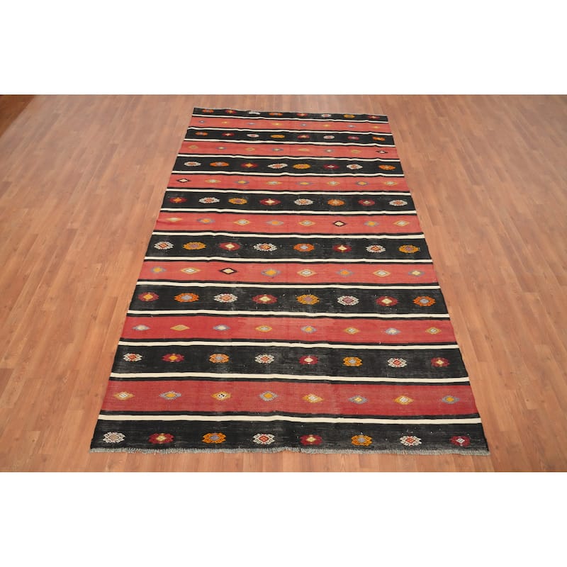 Hand Woven Oriental 100% Wool Carpet Southwestern Tribal Coral Kilim Area Rug - 9' 2'' X 5' 7''