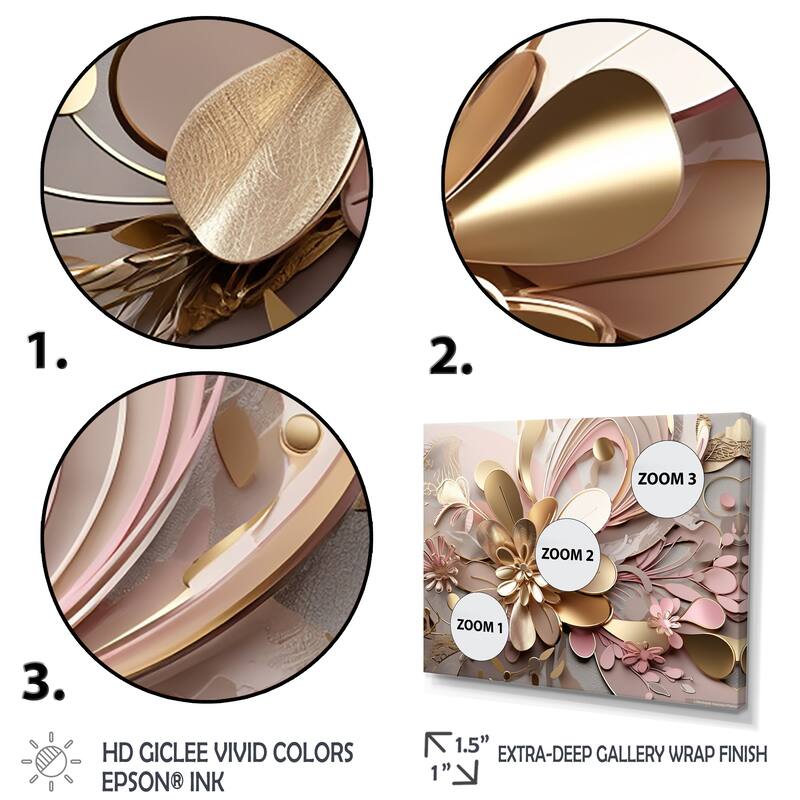 Designart "Liquid Art Gold And Pink Floral Effervescence" Abstract Multipanel Canvas Art Print set