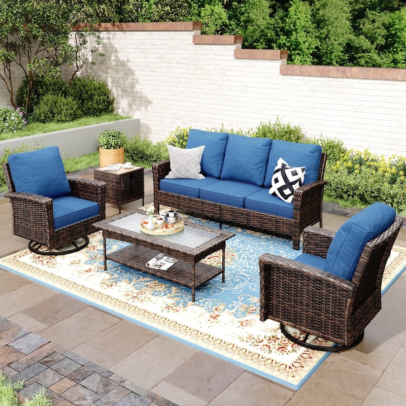 MAISON ARTS 7-Piece Extra-Large Patio Wicker Sofa Conversation Set with Table, Oversize Seat with 5.5'' Thick Padded Cushion - 5 Seats + 47'' Table + 17'' Rattan Table - Navy Blue