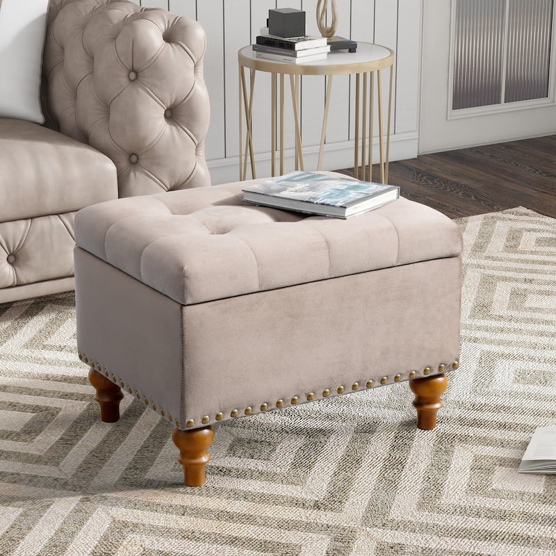 Square Velvet Ottoman with Storage Space & Rivet Trim Around - Pink
