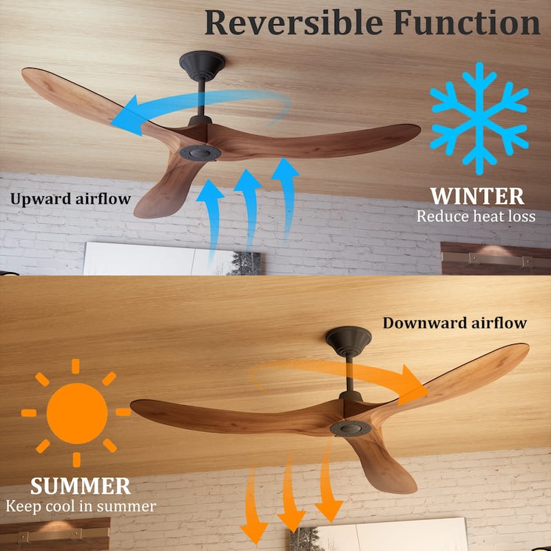 60" Walnut 3-Blades Wood Ceiling Fan with Remote Control - N/A