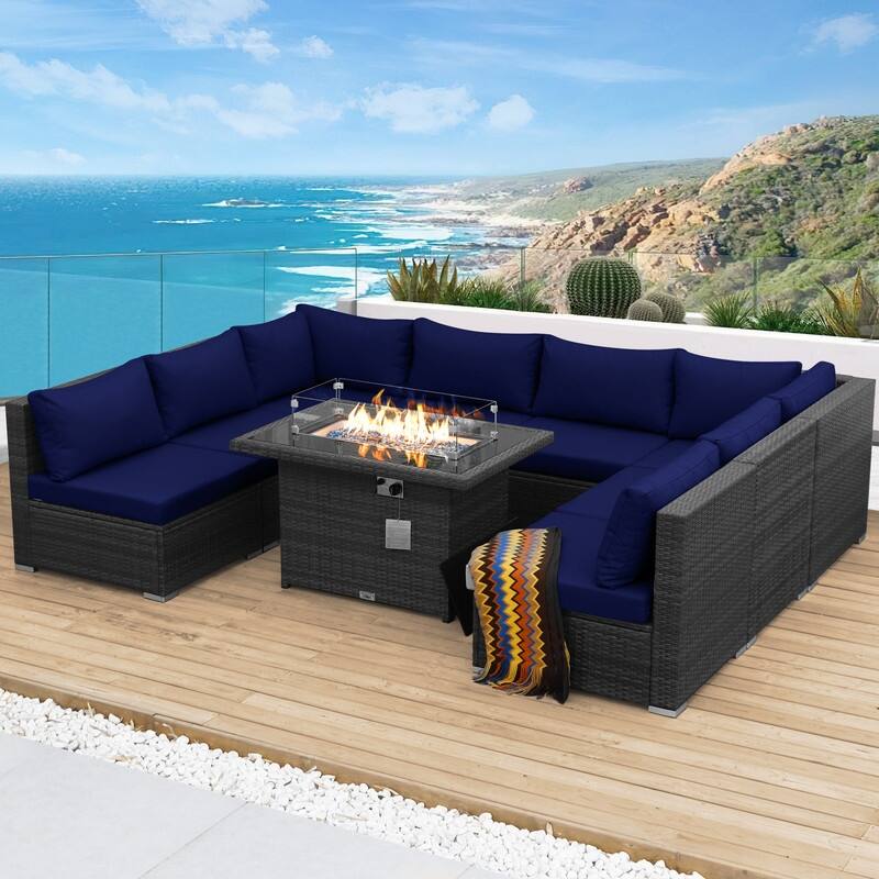 FINCATI Outdoor High-back Wicker Patio Sectional Set, 500 lbs Luxury Oversized Conversation Set, Spacious Couch Set - 260100 - Navy Blue