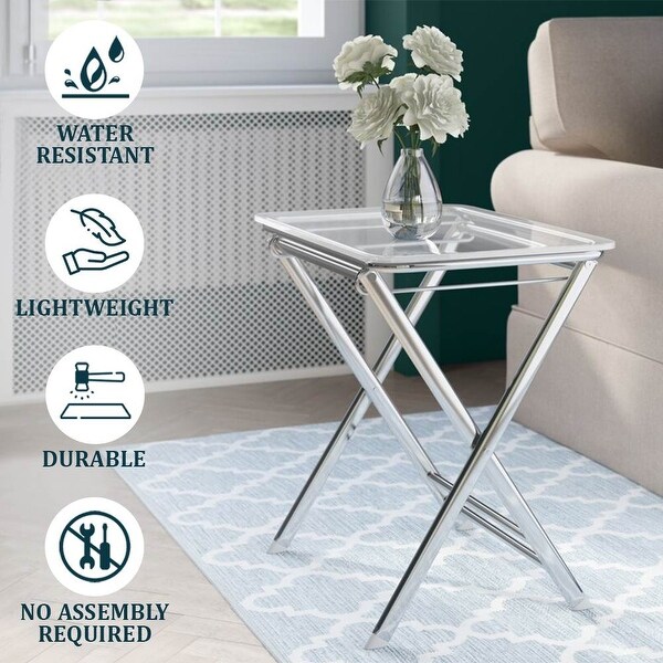 Victorian Foldable Tray Top End Table Pre Assembled Chrome Clear Side TV Table
