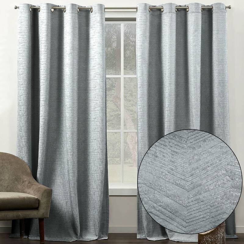 108" Long - 2 Piece Dark Grey Solid Silky Geometric Embossed Blackout Grommet Window Curtain Panel Set - 104" x 108" - Dark Grey