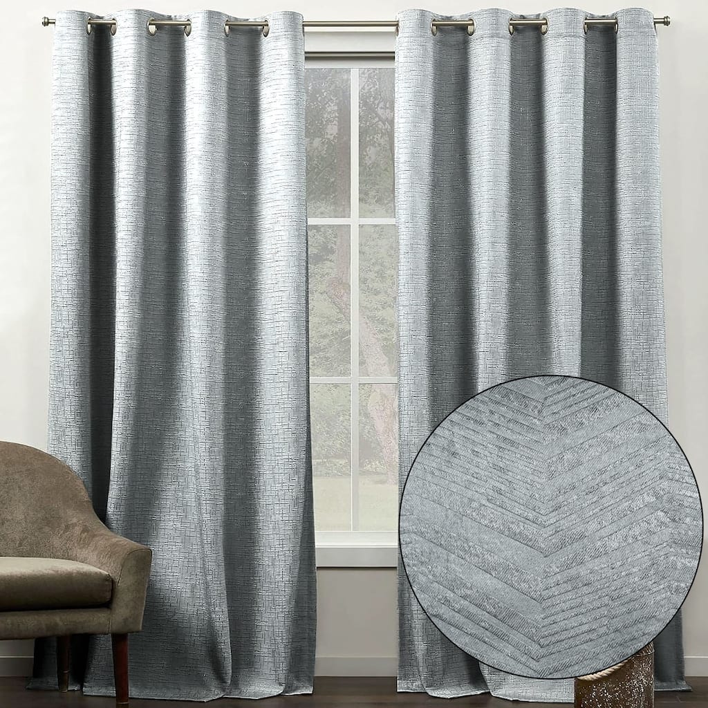 108" Long - 2 Piece Dark Grey Solid Silky Geometric Embossed Blackout Grommet Window Curtain Panel Set - 104" x 108"