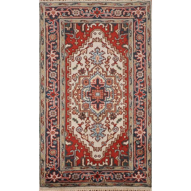 Ivory Geometric Heriz Serapi Oriental Accent Rug Handmade Wool Carpet - 3'0" X 4'11"
