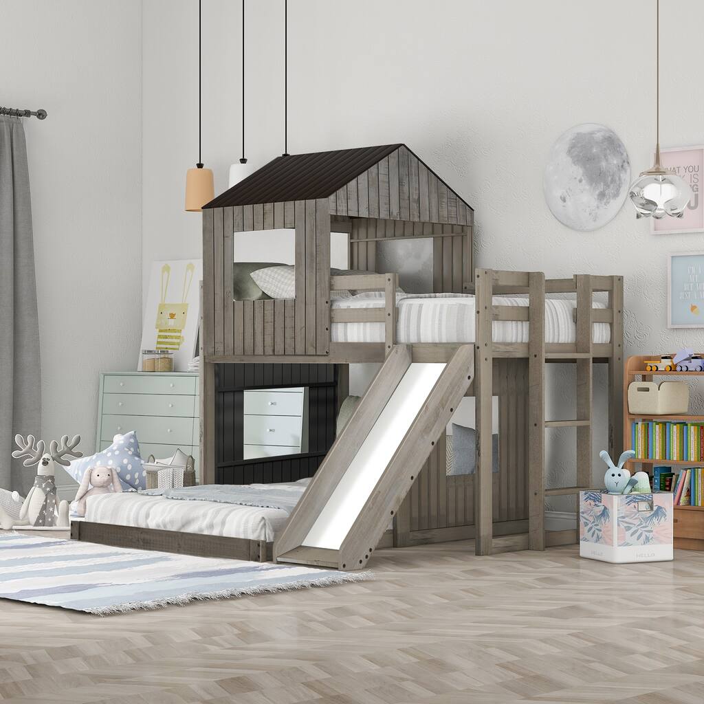 Solid Pine Wood Twin Over Full Bunk Bed, Loft Bed with Playhouse, Farmhouse, Ladder, Slide and Guardrails