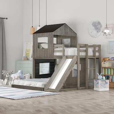 Twin Over Full Bunk Bed Loft Bed with Playhouse, Farmhouse, Ladder, Slide and Guardrails