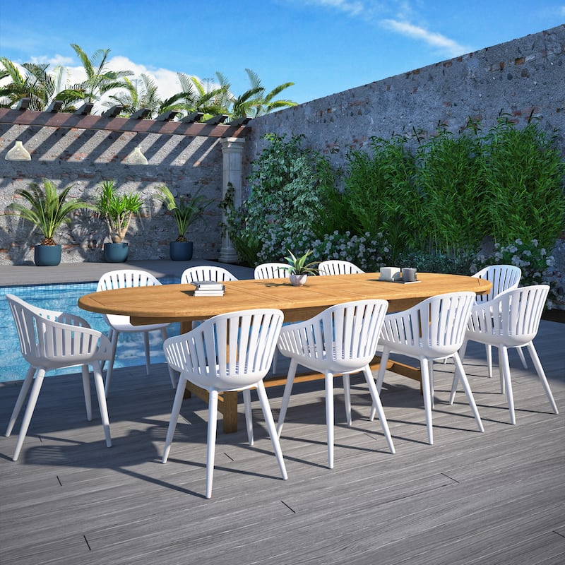 Amazonia Torrington 11pc Certified Teak Outdoor Patio Dining set - White Armchair - Aluminum Legs
