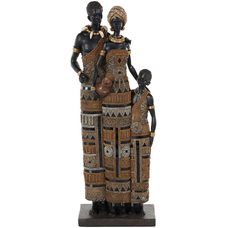 Black Resin Tall African Family Decorative Sculpture with Gold Jewels