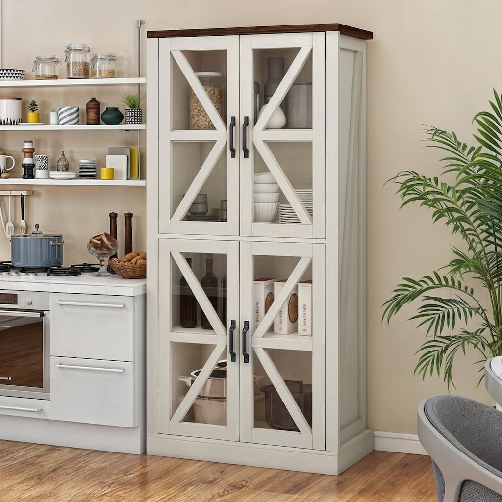 Moasis 66" Tall Freestanding Kitchen Pantry Cabinet with Glass Doors