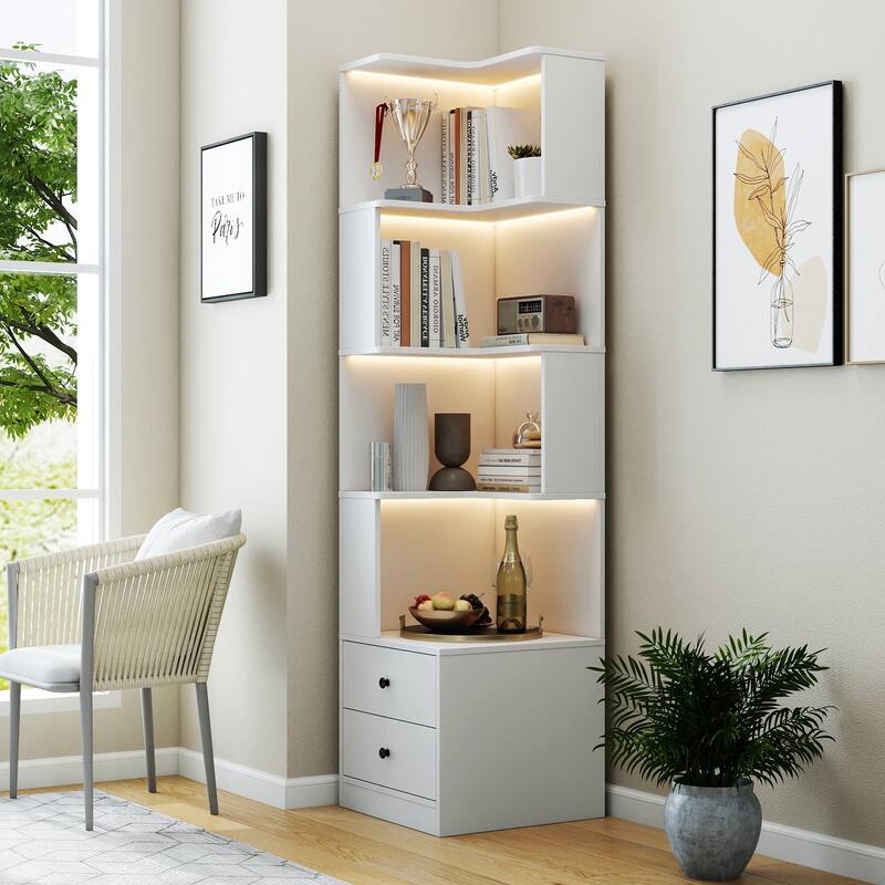 Corner Bookshelf With Drawers,4-Tier Corner Bookcase With Baffle, Freestanding L Shaped Display Shelf Stand With LED Lights - White