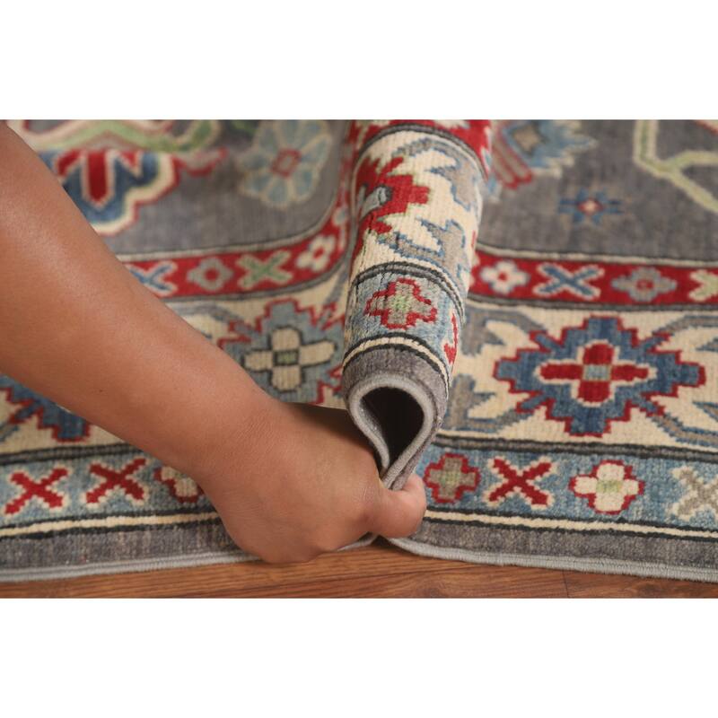 Gray Geometric Kazak Area Rug Hand-Knotted Oriental Wool Carpet - 4'11" x 6'6"