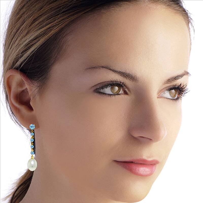 14K Solid Gold Chandelier Blue Topaz & Pearl Gemstone Earrings