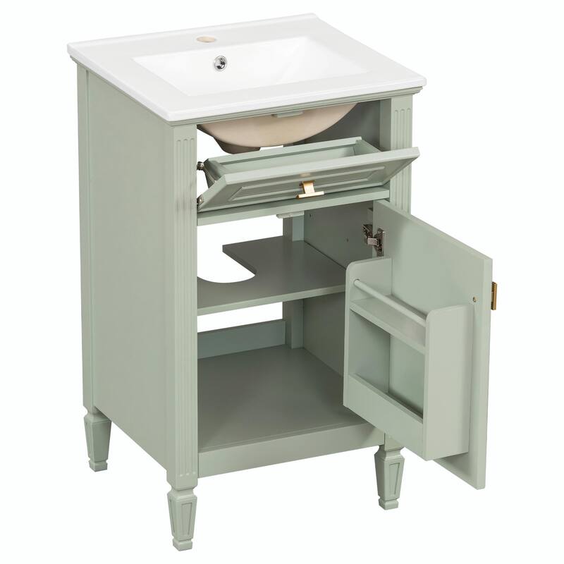 20" Bathroom Vanity, Sink with Solid Wood Legs, Adjustable Shelf, Tilt-Out Drawer