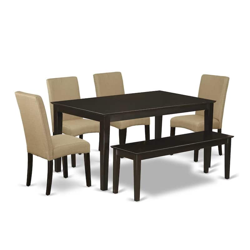 Rectangular Dining Set 6pc - Table & 4 Parsons Chairs + Bench - Linen Fabric - Cappuccino Finish