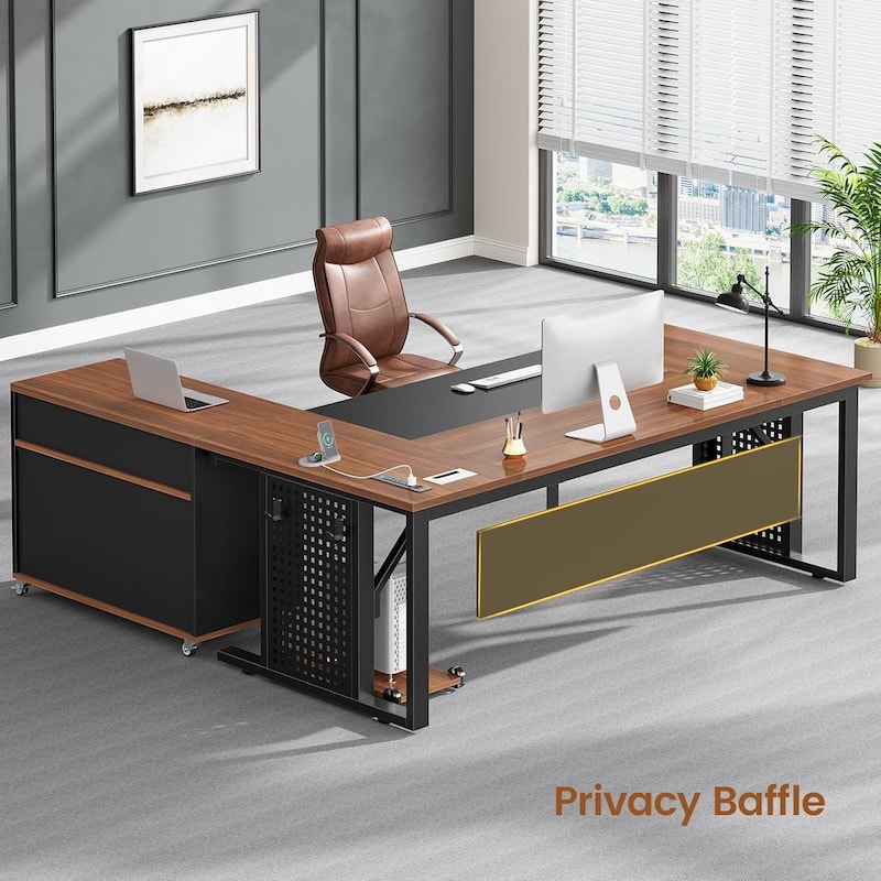 71" Executive Desk File Cabinet L Shaped Computer Desk Shelves