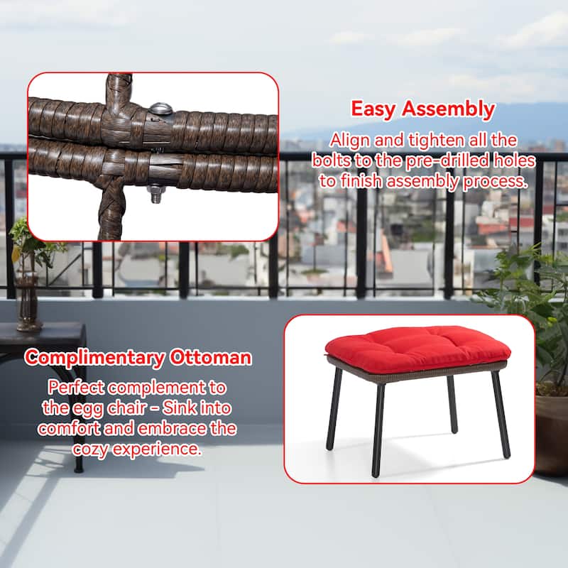 Cozywor Patio Indoor/Outdoor Egg Lounge Chair with Ottoman and Cushions