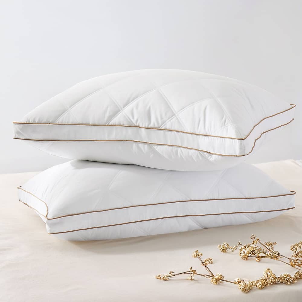 Medium-Firm Goose Feather Down Pillow with Gusset, Medium Neck Support for Stomach, Side and Back Sleepers - White