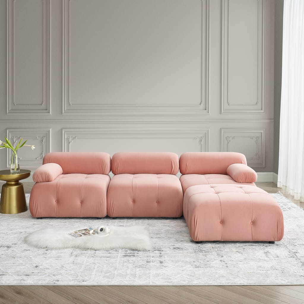 93" Velvet Modular Sectional Sofa with Button Tufting & Ottoman