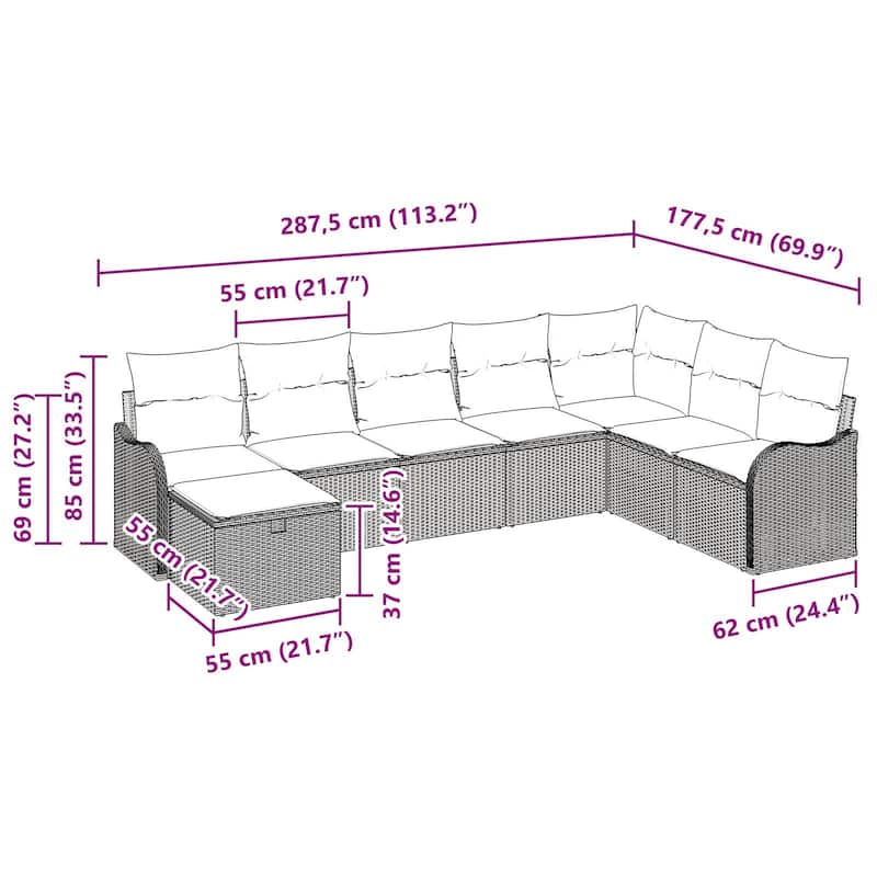 vidaXL 8/9 Garden Sofa Set with Cushions Black/Brown/Grey Poly Rattan - 113.2 x 69.9 x 27.2