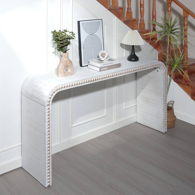 Roomfitters Natural Wood Console Table with Curved Waterfall Design and Beaded Edge Detailing, Antique Natural