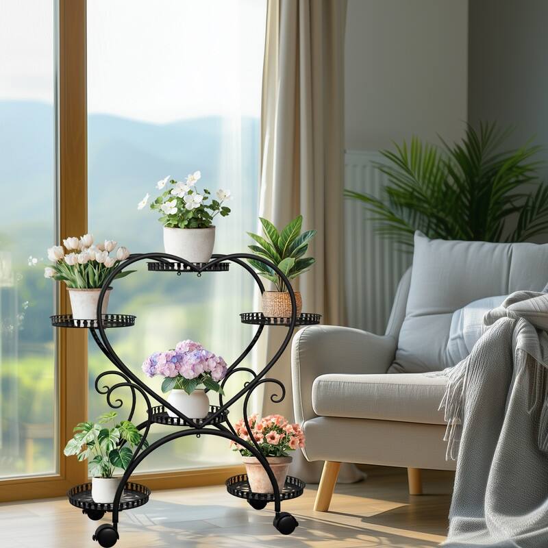 6 Potted Heart Shape Metal Plant Stand Rolling Flower Pot Organizer Display Rack