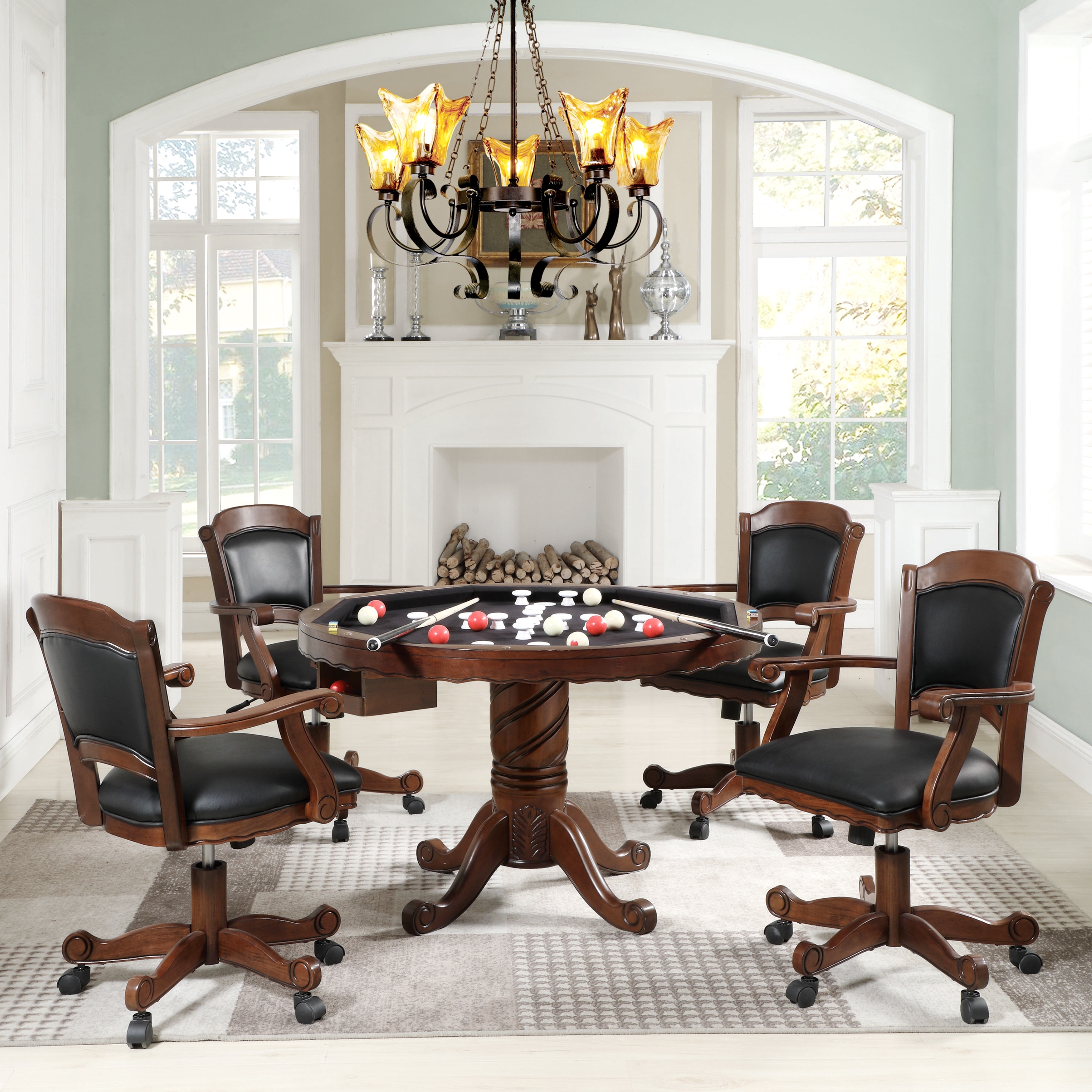 Poker and Bumper Pool 5 piece Gaming Table Set with Black Leatherette Arm Chairs 1 Table 4 Chairs Bed Bath Beyond 35681949