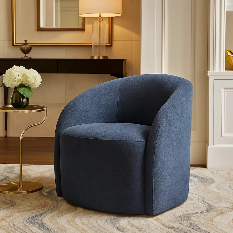 Saho Swivel Accent Chair, Barrel Style, Foam Padded, Modern Blue Boucle