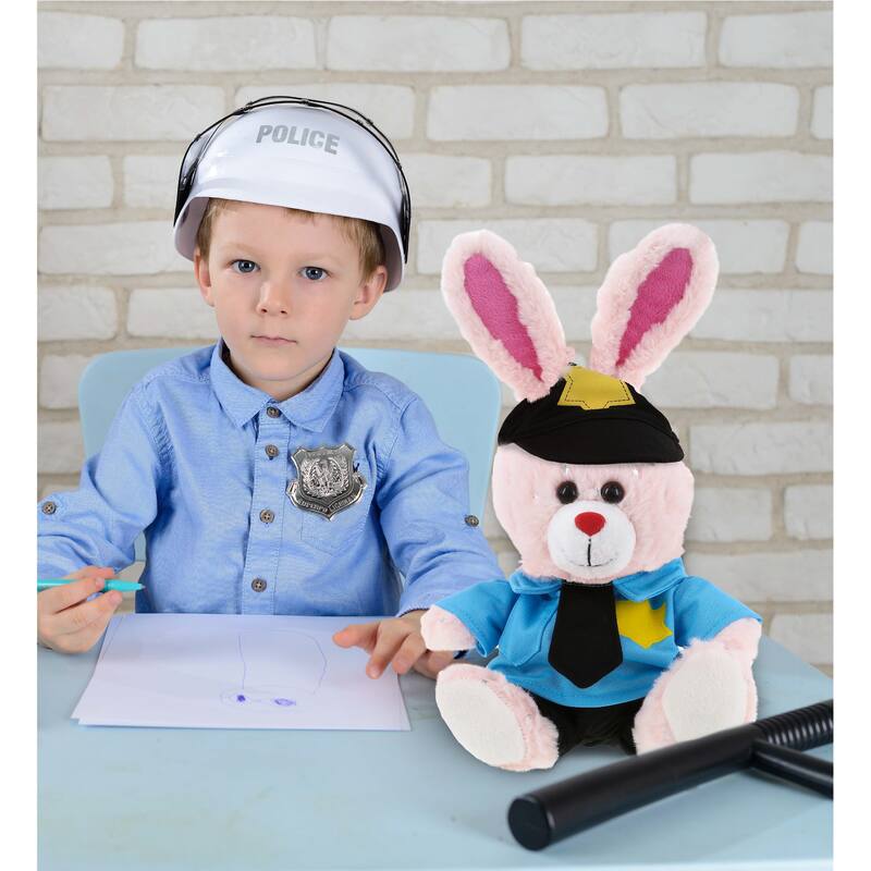 DolliBu Rose Gold Bunny Police Officer Plush Toy with Uniform and Cap - 8 inches