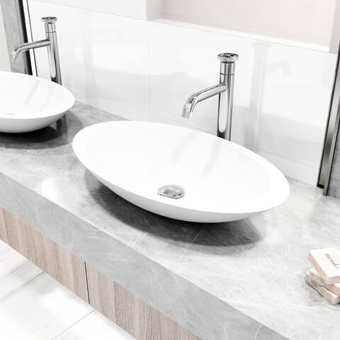 VIGO Wisteria Matte Stone Vessel Bathroom Sink with Cass Bathroom Faucet and Pop-Up Drain