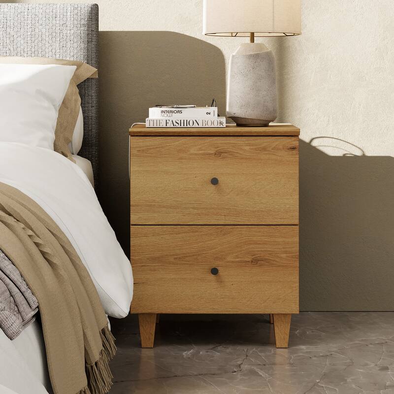 2 Drawer Nightstands with Charging Station for Bedroom - Oak Brown - 2-drawer