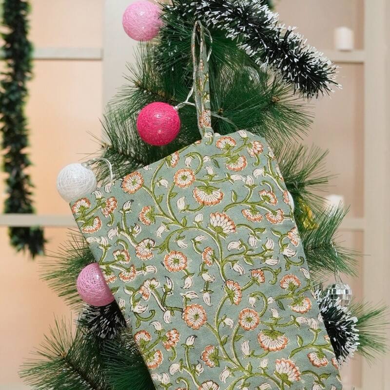 Fabdivine Handmade Floral Christmas Stockings Linen Block Print Décor - 10"X4.5"