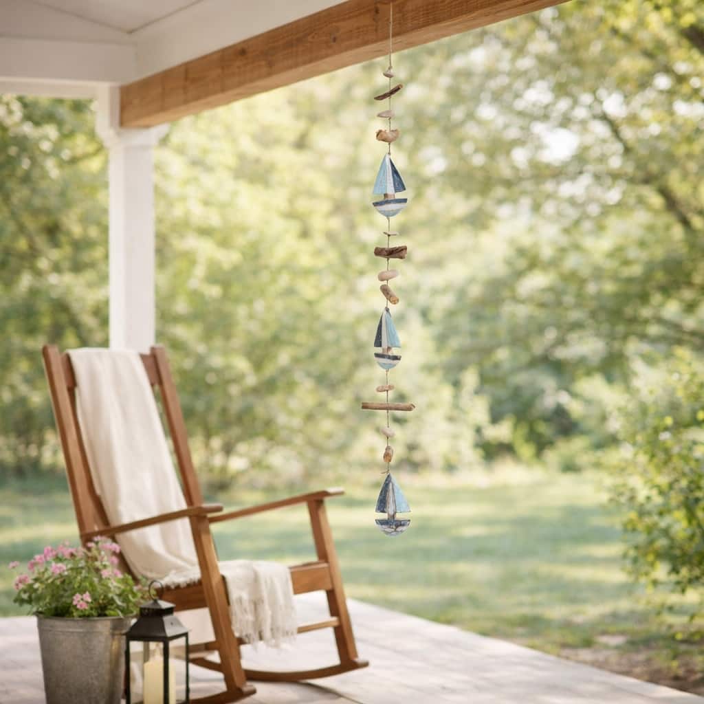 Decorative Wooden Boat Hanging Beaded Garland - 39", Blue & White