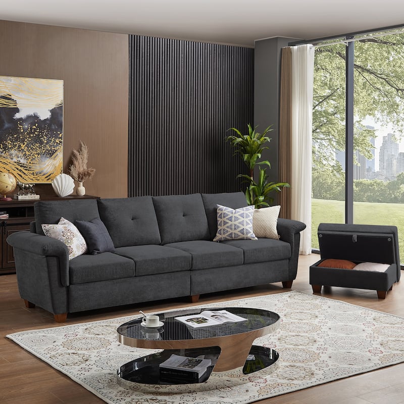 109" Modern 4 Seaters Towelling Sectional Sofa with Hidden Coffee Table Adjustable Headrest and Large Storage Space