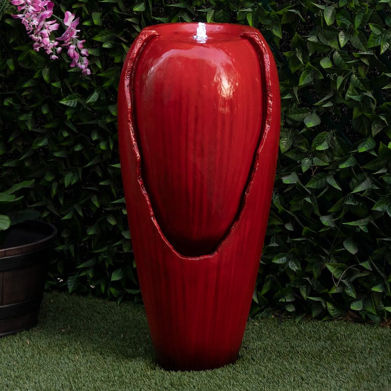 Alpine Corporation 33" Tall Turquoise Outdoor Antique Jar Water Fountain with LED Lights