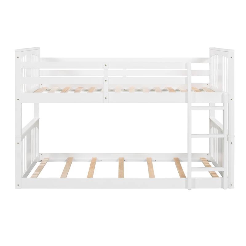 Twin Over Twin Bunk Bed with Ladder, Solid Wood Low Bunkbed Frame