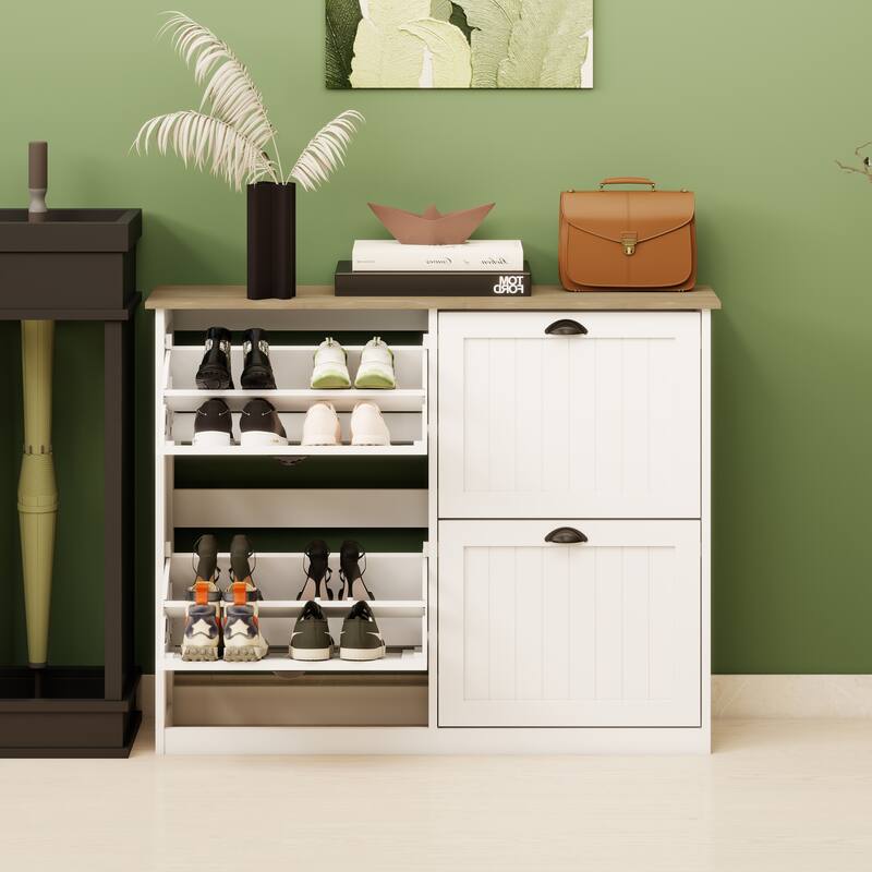 Shoe Storage Cabinet with 4 Flip Drawers, Freestanding Shoe Cabinet Organizer with Adjustable Shelf, Shoe Cabinet for En