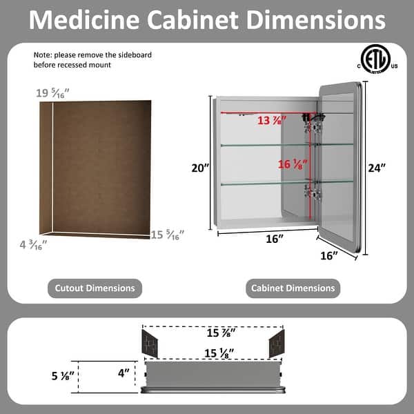 dimension image slide 0 of 9, Artemis Aluminum Recessed/Surface Mount Bathroom Medicine Cabinet with Mirror and Lights, Dimmable, Anti-Fog, Adjustable Shelf