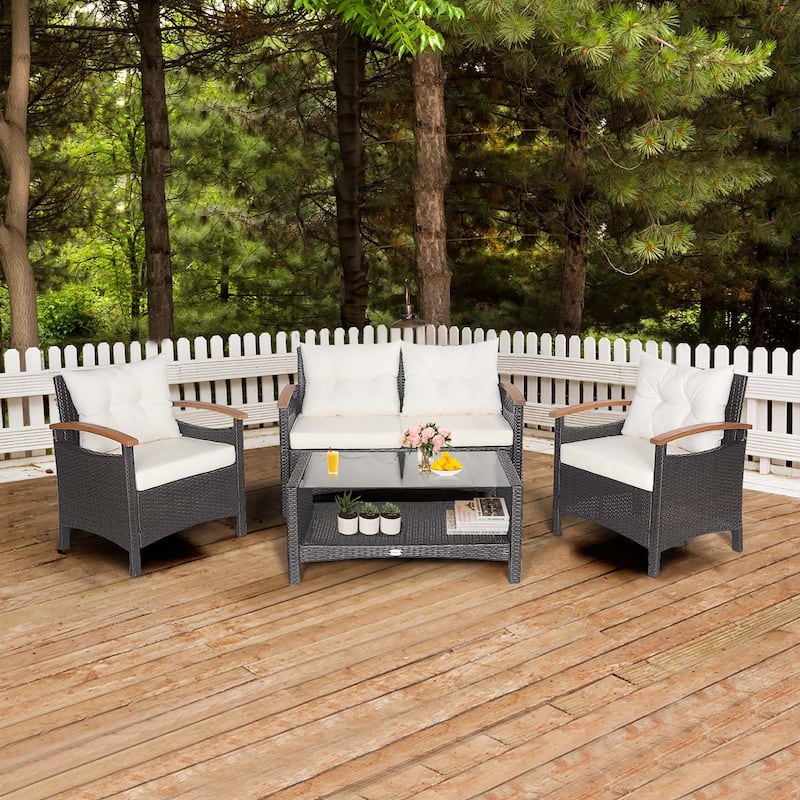 Costway 4PCS Patio Rattan Furniture Set Cushioned Sofa Storage Table